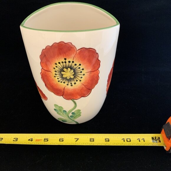 Poppies by Clay Art Hand Painted Oval Vase 7" 2001 Utensil Holder Pottery Vtg - Picture 11 of 12